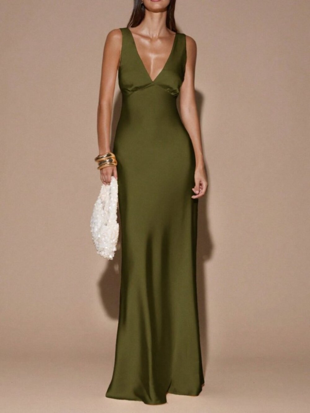 Olive Green Satin Deep V-Neck Maxi Dress